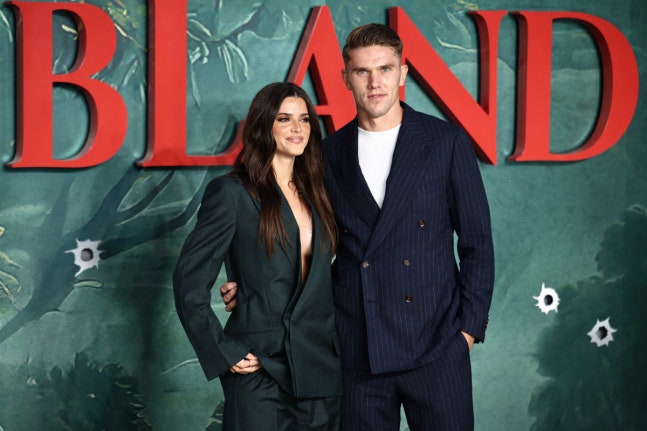 Arsenal's Swedish forward #14 Viktor Gyokeres and his wife Portugese actress Ines Aguiar pose upon arrival for the world premiere of season two of the Paramount+ series "MobLand", in central London on September 10, 2026. (Photo by Henry NICHOLLS / AFP)