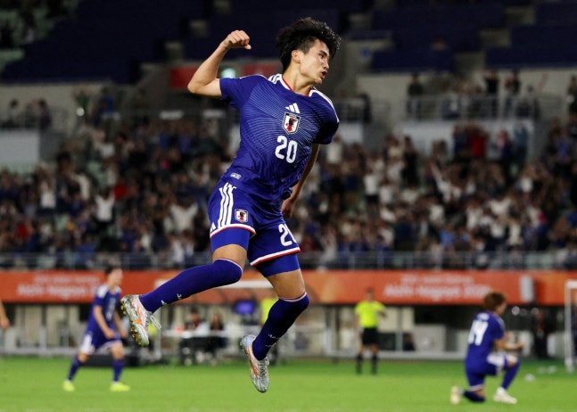 Asian Games - Aichi-Nagoya 2026 - Football Men Semi-Finals - Japan v Uzbekistan - Nagai Stadium, Osaka, Japan - September 30, 2026 Japan's Sena Ishibashi celebrates scoring their first goal REUTERS/Andrew Boyers TPX IMAGES OF THE DAY