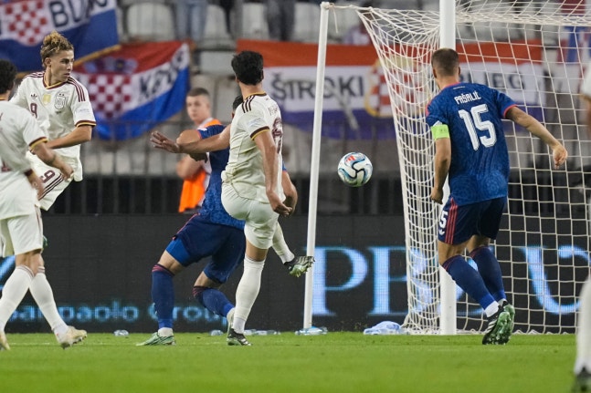 Spain's Mikel Merino, center, scores his side's 2nd goal during a Nations League soccer match between Croatia and Spain in Split, Croatia, Tuesday, Oct. 6, 2026. (AP Photo/Darko Bandic)
