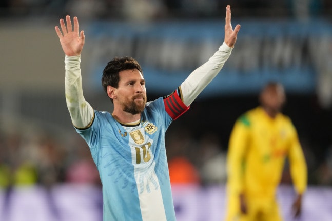 Argentina's Lionel Messi celebrates after scoring his side's third goal from the penalty spot during his final match for the national team, a soccer friendly against Benin, in Buenos Aires, Argentina, Tuesday, Oct.6, 2026. (AP/Photo/Gustavo Garello)