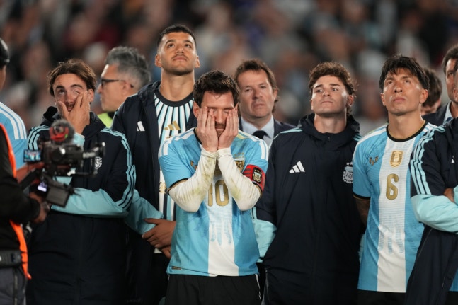 Argentina's Lionel Messi reacts after his final match for the national team, a soccer friendly against Benin, in Buenos Aires, Argentina, Tuesday, Oct.6, 2026. (AP/Photo/Gustavo Garello)