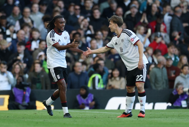 Soccer Football - Premier League - Fulham v Hull City - Craven Cottage, London, Britain - October 17, 2026 Fulham's Alex Iwobi celebrates scoring their first goal with David Affengruber Action Images via Reuters/Paul Childs EDITORIAL USE ONLY. NO USE WITH UNAUTHORIZED AUDIO, VIDEO, DATA, FIXTURE LIS