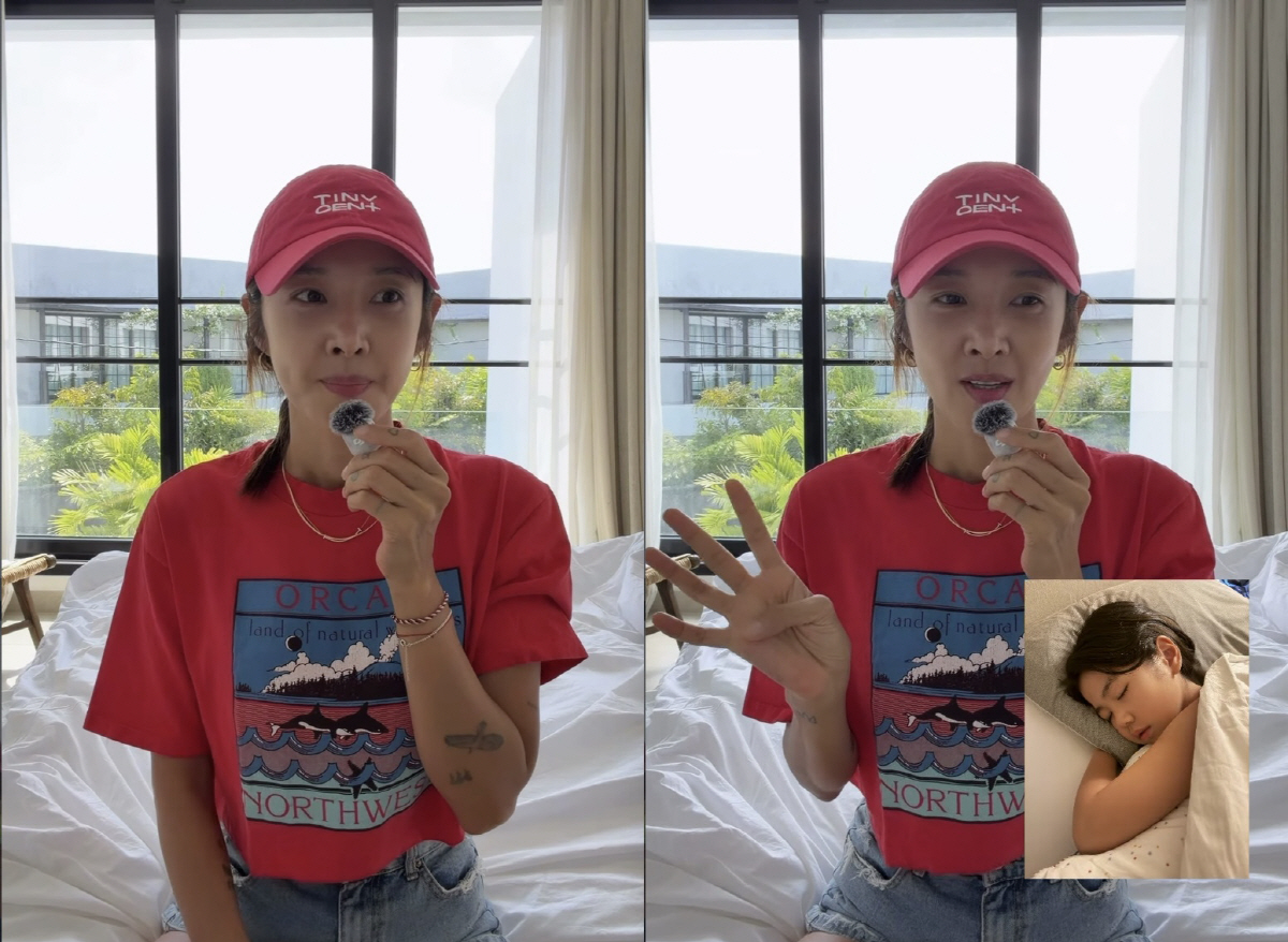 バリの自宅で近況を話すキム・ビヌと、眠る子ども