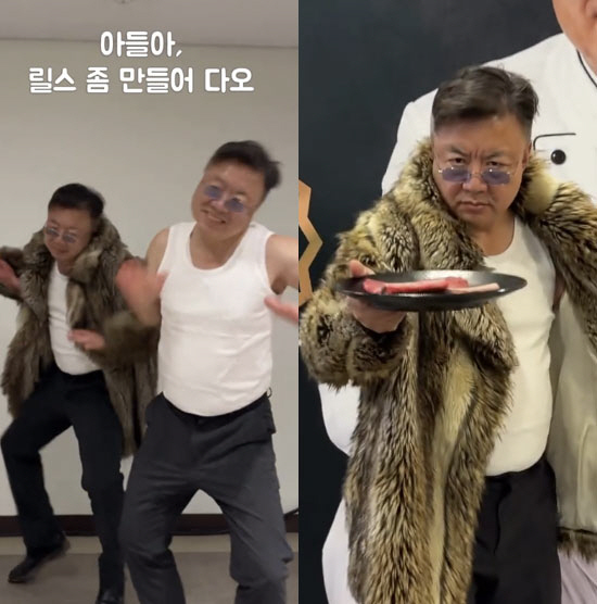 毛皮風コートとタンクトップ姿で肉料理店の宣伝動画に登場するイ・ヒョジョン
