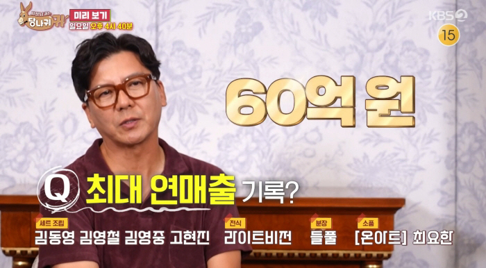 KBS2の番組予告画面で、ソン・ジチャンが最高年商60億ウォンと書かれたセットに座っている