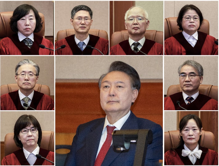 Pictured from the top row left to right, in a clockwise direction: Justices Jeong Gye-seon, Moon Hyeong-bae, Jeong Hyeong-sik, Kim Bok-hyeong, Jo Han-chang, Jeong Jeong-mi, President Yoon, Lee Mi-seon, and Kim Hyeong-du in the Constitutional Court's main courtroom.