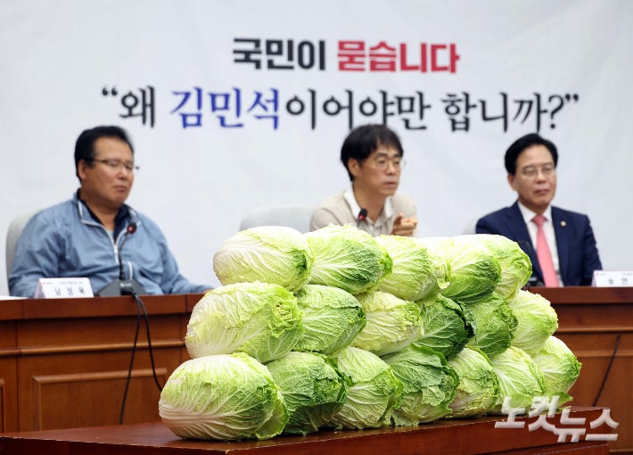 '포기<b>배추</b>' 쌓고 국힘 '<b>김민석</b> <b>청문회</b>'…"지명 철회" 압박