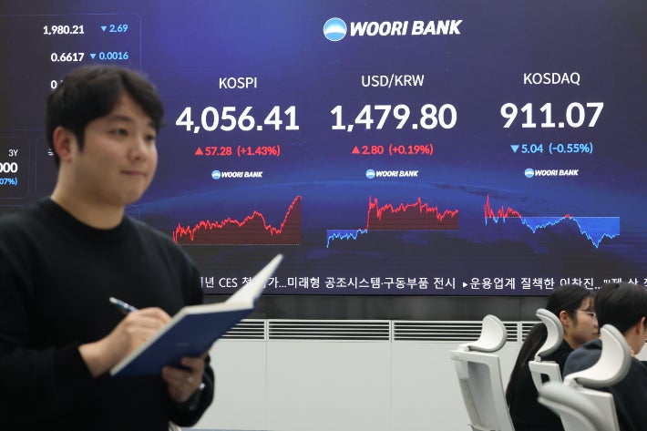 17일 서울 중구 우리은행 본점 딜링룸 현황판에 코스피 지수 등이 표시되고 있다.연합뉴스