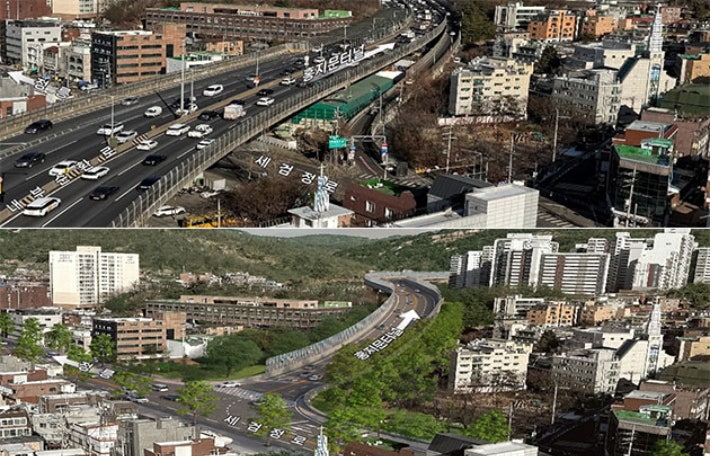 홍은IC(홍지문 터널 입구) 지하화 사업 이전 모습(위)과 지하화 이후 조감도(아래).서울시 제공