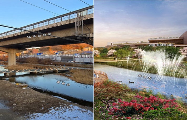 홍제천(가좌역 부근) 지하화 이전 모습(왼쪽)과 이후 조감도(오른쪽).서울시 제공