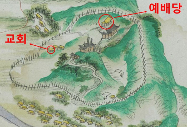 김중기 박사의 주장에 따라 <완산도형>에서 은송리 첫 교회와 추후 지어진 예배당을 표시한 그림.김중기 이사 제공