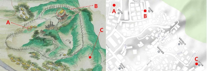 은송리 첫 교회의 위치로 지목된 3곳을 <완산도형>과 네이버 지도에 표시한 사진.A는 행운슈퍼 옆 공터,B는 명륜맨션,C는 좋은교회 옆 공터.김중기 이사 제공 