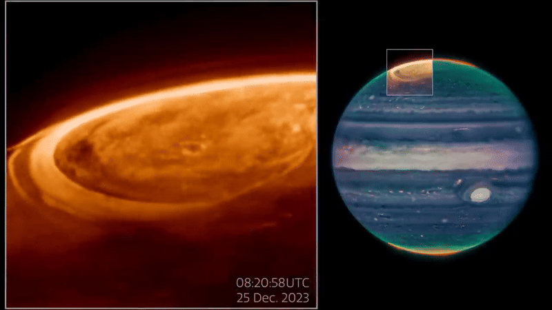 미국항공우주국(NASA)에서 공개한 목성의 오로라 관측 결과물.  NASA, ESA, CSA, STScI