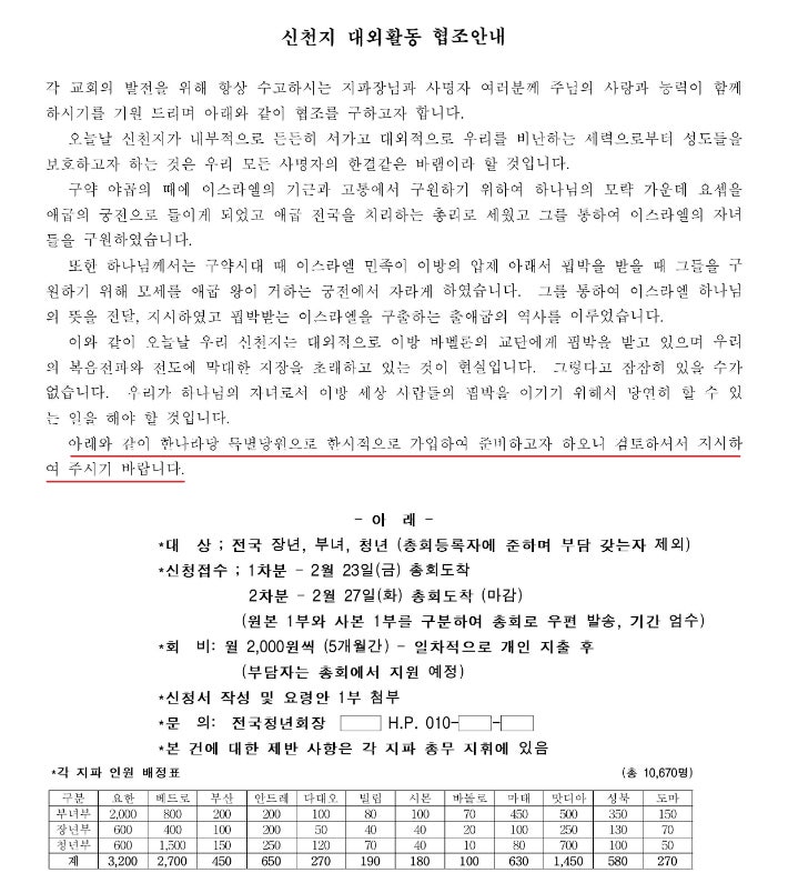 이단 신천지가 지난 2007년쯤 작성한 것으로 추정되는 문건.독자 제공