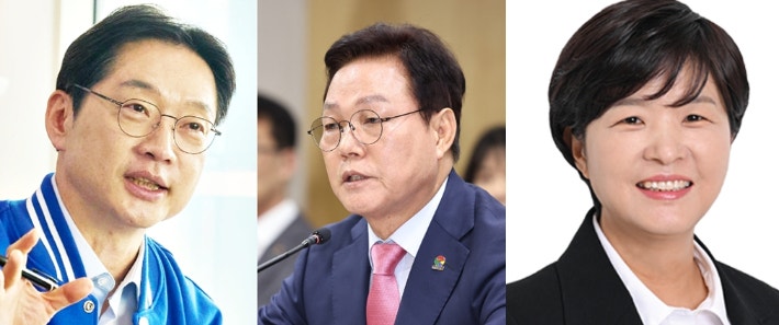 경남지사 선거에 나선 더불어민주당 김경수·국민의힘 박완수·진보당 전희영 후보. 민주당·경남도청·진보당 제공 