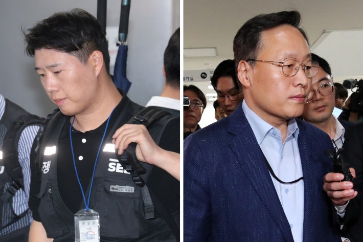 삼성전자 사측 대표교섭위원인 여명구 DS(디바이스솔루션·반도체 사업 담당) 피플팀장(오른쪽)과 삼성그룹 초기업노동조합 삼성전자지부 최승호 위원장.연합뉴스