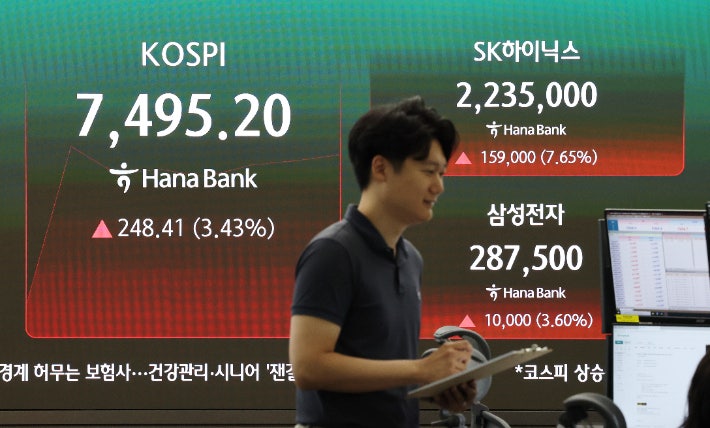 코스피가 이틀 연속 급락을 딛고 반등한 9일 서울 중구 하나은행 본점 딜링룸 현황판에 코스피 지수와 SK하이닉스, 삼성전자의 주가가 표시되고 있다. 연합뉴스