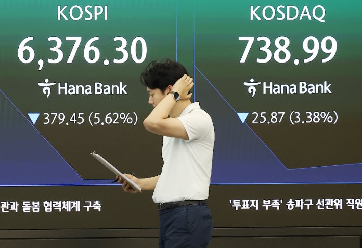 <b>코스피</b> 8% 가까이 <b>급락</b>중…코스닥도 매도 사이드카 발동