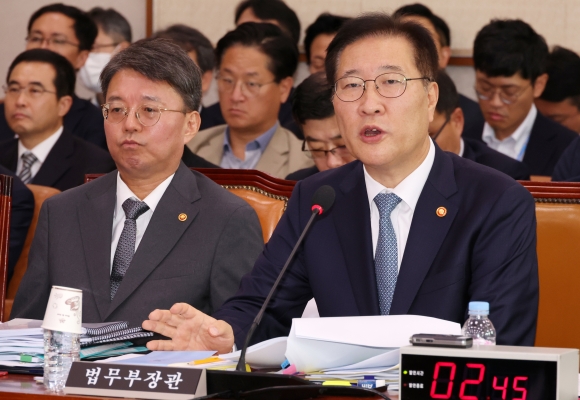 [Seoul=Newsis] Reporter Cho Sung-woo = Minister of Justice Park Sang-jae is answering questions during the Legislation and Judiciary Committee general meeting at the National Assembly in Yeouido, Seoul on the 23rd. On the right is Auditor General Choi Jae-hae. Newsis