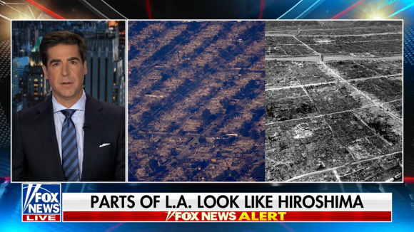 Jesse Watters, a prominent anchor on Fox News, reported on January 11 (local time) about the ongoing massive wildfire damage in Los Angeles (LA) from the last five days, saying some parts of LA look like Hiroshima right after the atomic bomb was dropped.