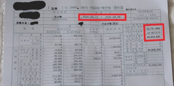 최서원씨의 딸 정유리씨가 소셜미디어(SNS)에 올린 최씨의 진료비 계산서 영수증 일부.지난 3월 17일부터 4월 28일까지 받은 진료에 대해 약 4000만원의 환자부담총액이 적혀 있다.정씨 페이스북 캡처