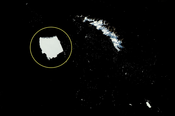 아쿠아 위성이 지난 3일 촬영한 A-23A 빙산(원 안)과 인근에 사우스조지아섬이 보인다.NASA Earth Observatory