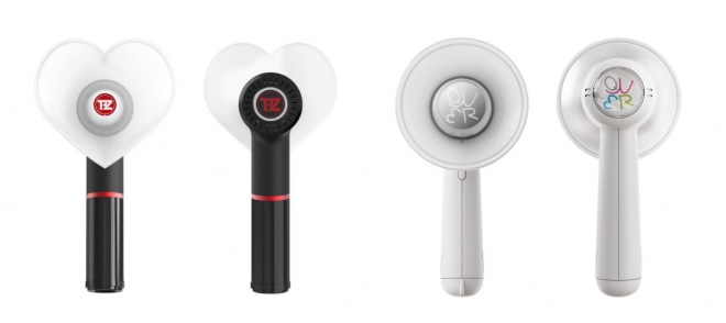 앞과 뒤에서 본 보이그룹 더보이즈의 응원봉(왼쪽)과 걸그룹 QWER의 응원봉(오른쪽). 엑스 캡처