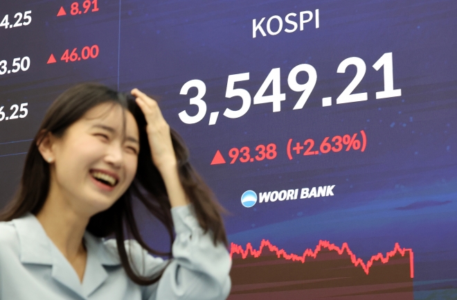 코스피가 사상 처음 3500선을 돌파하며 종가 기준 역대 최고치인 3549.21로 마감한 2일 서울 중구 우리은행 딜링룸에서 관계자가 업무를 보고 있다. 연합뉴스