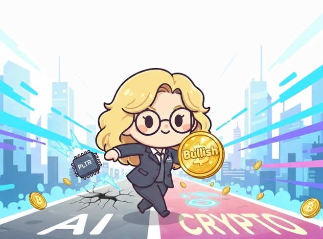 캐시 우드 아크인베스트 최고경영자(CEO)의 인공지능(AI) 기업 ‘팔란티어’에서 가상화폐 거래소 ‘불리시’로의 투자 방향 전환을 형상화한 일러스트.