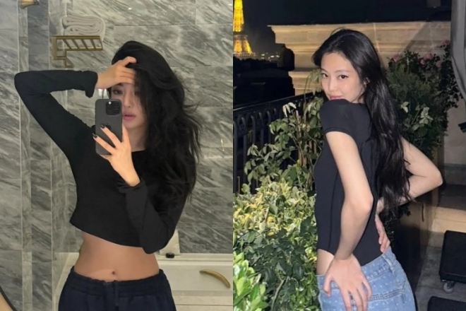 스킴스 제품을 착용한 에스파 닝닝(왼쪽)과 블랙핑크 제니의 모습. 인스타그램 캡처