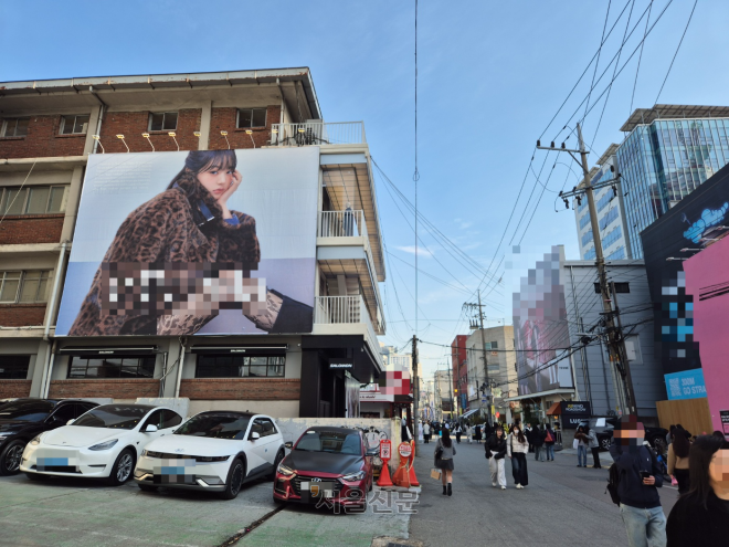 16일 서울 성동구 성수동 연무장길에 있는 건물에 한 브랜드 광고 모델 현수막이 걸려있다. 이 거리에는 건물 2층 위로 내걸린 초대형 현수막이 곳곳에 있는데 광고 단가는 한 달 1200만~7000만원에 달하는 것으로