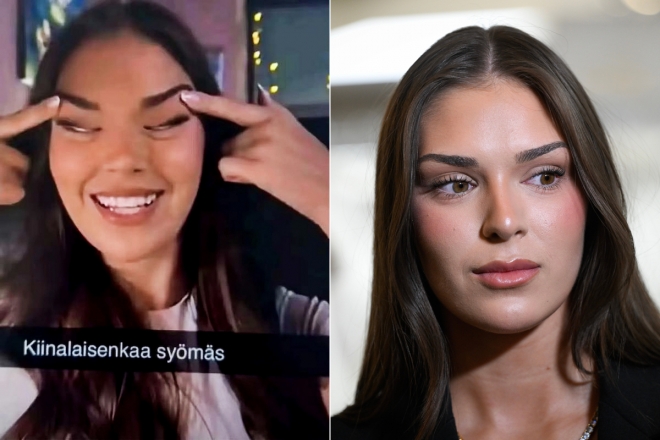 왼쪽은 소셜미디어에 퍼져 논란이 된 사진‘미스 핀란드’사라 자프체가 눈꼬리를 손가락으로 당기는 모습이 담겼다.오른쪽은 2025년 12월 11일(현지시간) 핀란드 헬싱키에서 기자회견에 참석한 자프체의 모습.(