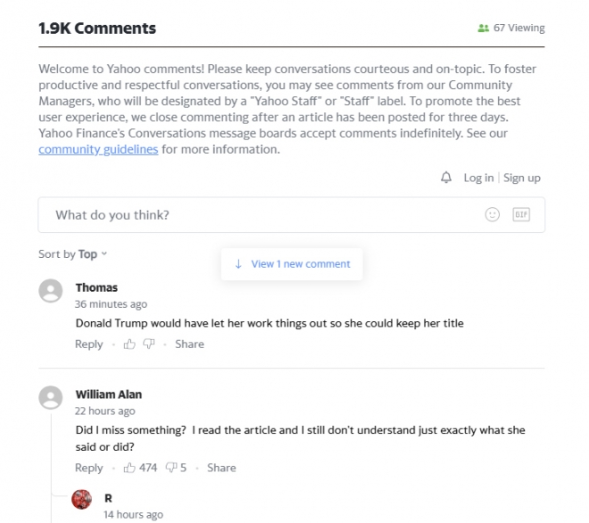 미국 야후뉴스에 게재된 피플 기사 댓글창.일부 이용자는 “트럼프 대통령이었다면 그녀가 타이틀을 유지할 수 있게 했을 것”(Thomas),<a href=