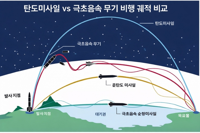 전통적인 탄도미사일,극초음속 부스트-글라이드 무기,준탄도 미사일,극초음속 순항미사일의 비행 궤적을 비교한 개념도.극초음속 무기는 낮은 고도와 기동 비행으로 요격이 어렵다.미 회계감사원(GAO)