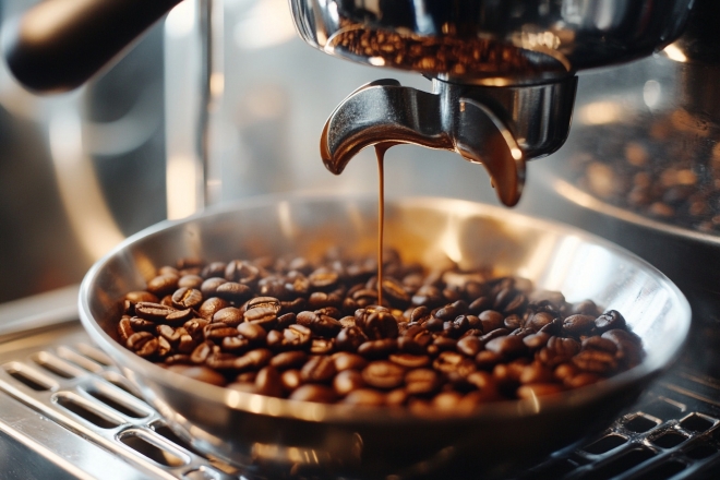 커피 머신에서 프라이팬으로 쏟아지고 있는 커피 원두.123rf