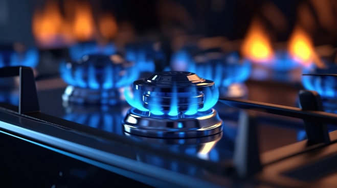 가정용 가스레인지에서 가스가 연소되며 파란 불꽃을 내고 있다.123rf