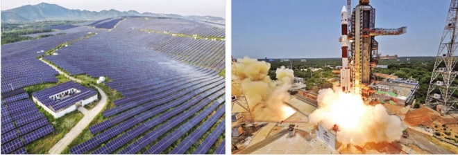 중국 안후이성 한 산비탈이 빈틈을 찾을 수 없을 정도로 태양광 패널로 빼곡하게 뒤덮여 있다.멀리 보이는 산등성이에는 풍력발전 터빈이 자리잡고 있다(왼쪽 사진).2023년에 발사된 인도 아디티야-L1 우주선이 내