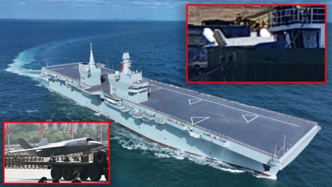 중국 해군 076형 강습상륙함과 무인기 관련 이미지를 결합한 합성 사진.워존(TWZ)은 해당 함정이 대규모 무인기 운용을 염두에 둔 플랫폼으로 발전하고 있다고 분석했다.PLAN·중국 인터넷·GREG BAKER/A