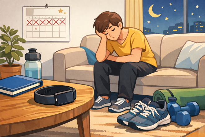 새해 다짐으로 준비했던 운동화와 스마트워치가 며칠 만에 사용되지 않게 되는 상황을 표현한 일러스트.작심삼일로 끝나는 건강 계획의 단면을 보여준다.