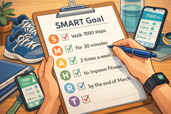 구체적((Specific)·측정 가능(Measurable)·달성 가능(Achievable)·의미 있는(Relevant)·기한 설정(Time-bound)을 포함한‘스마트’(SMART) 원칙으로 건강 목표를 정리하는 