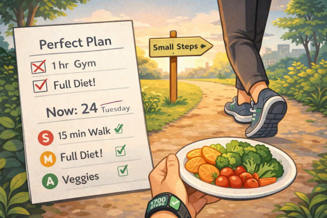 완벽한 계획 대신 작은 실천부터 시작하는 방식이 건강 습관을 오래 이어가는 데 도움이 된다는 점을 표현한 일러스트.