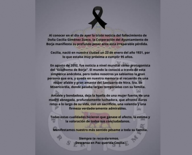 보르하시가 페이스북에 올린 세실리아 히메네스 추모 글.보르하시는 “세실리아 여사의 슬픈 비보를 접하며,보르하 시의회는 이 돌이킬 수 없는 상실에 깊은 애도를 표한다”면서 “세상은 유쾌한 해프닝을 통해 그녀를 알게