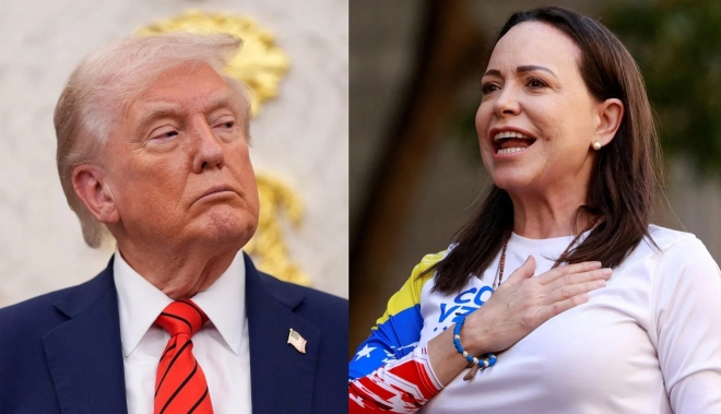 도널드 트럼프 대통령과 노벨평화상 수상자 마리아 코리나 마차도.로이터 연합뉴스