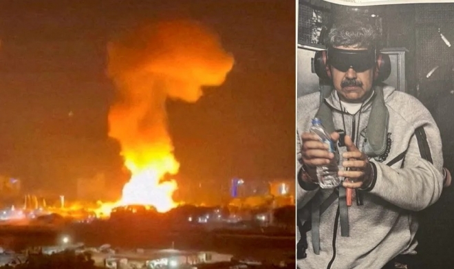 미군의‘확고한 결의 작전’이 전개된 3일(현지시간) 베네수엘라 수도 카라카스에서 공습 여파로 연기와 불길이 치솟고 있다(왼쪽).오른쪽은 미군의 기습 작전으로 체포돼 압송된 니콜라스 마두로 베네수엘라 대통령의 모습