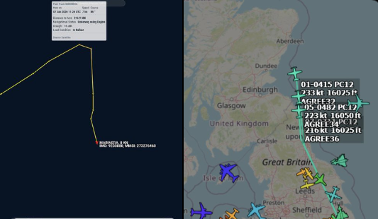 북쪽으로 향하는 미 특수작전 항공기의 비행 경로