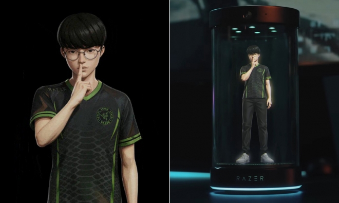 미국 라스베이거스에서 열린 CES 2026에서 공개된 레이저의 3D 홀로그램 AI 동반자‘프로젝트 에이바.안경을 쓴 남성형 아바타‘페이커’가 유리병 형태의 디스플레이 안에 구현돼 있다.레이저 제공