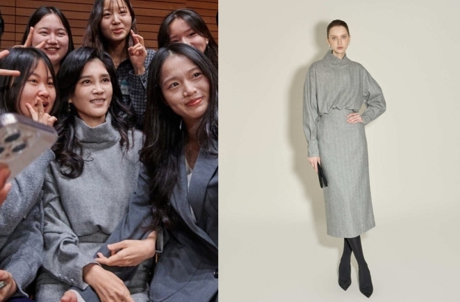 이부진 호텔신라 사장이 9일 서울 용산구 리움미술관 대강당에서 열린 두을장학재단의‘2026년 장학증서 수여식’에 참석해 장학생들과‘셀카’를 찍고 있다.(왼쪽) 이날 이 사장이 착용한 원피스는 국내 브랜드‘딘트’