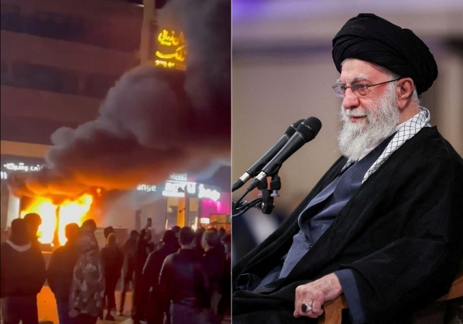 이란 테헤란에서 9일(현지시간) 반정부 시위가 이어지는 가운데,시위 현장에서 불길이 치솟고 있다(왼쪽).이와 별도로 이란 최고지도자 아야톨라 알리 하메네이는 지난 3일 테헤란에서 열린 회의에서 연설하고 있다(오른