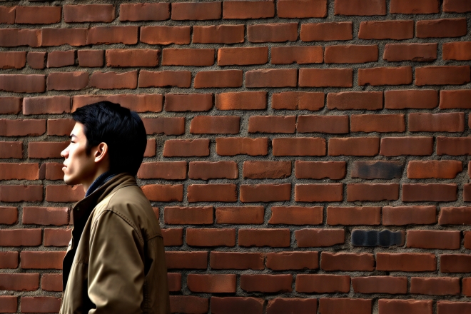 벽 앞에 서 있는 젊은 남성.123rf