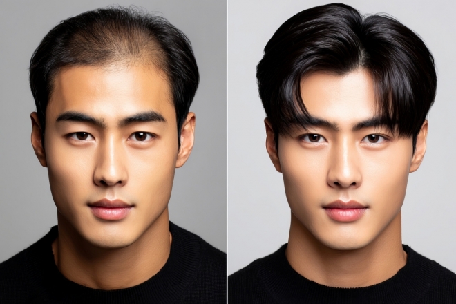 탈모 남성 치료 전후 비교 사진 AI 생성.123rf.com